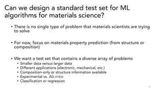 Can we design a standard test set for ML
algorithms for materials science?
25
• There is no single type of problem that ma...
