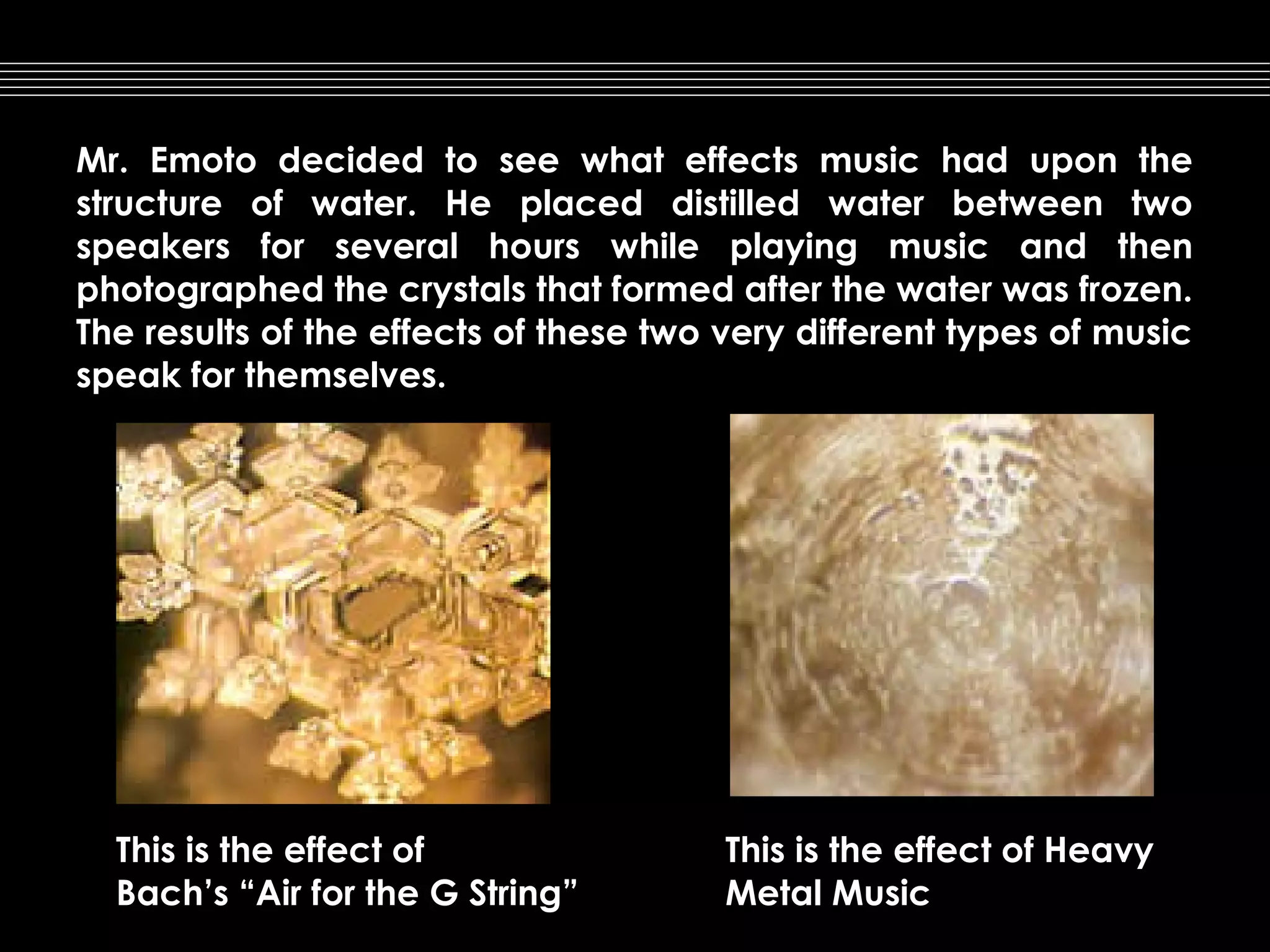 Mr. Emoto decided to see what effects music had upon the
structure of water. He placed distilled water between two
speakers for several hours while playing music and then
photographed the crystals that formed after the water was frozen.
The results of the effects of these two very different types of music
speak for themselves.

 

                                         

This is the effect of
Bach’s “Air for the G String”

 

                                              

This is the effect of Heavy
Metal Music

 