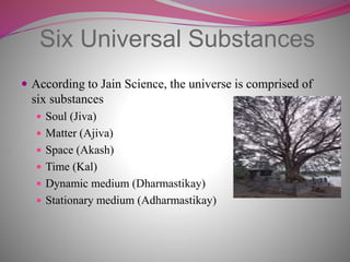 Six Universal Substances
 According to Jain Science, the universe is comprised of
six substances
 Soul (Jiva)
 Matter (Ajiva)
 Space (Akash)
 Time (Kal)
 Dynamic medium (Dharmastikay)
 Stationary medium (Adharmastikay)
 