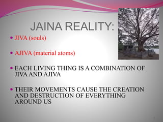 JAINA REALITY:
 JIVA (souls)
 AJIVA (material atoms)
 EACH LIVING THING IS A COMBINATION OF
JIVAAND AJIVA
 THEIR MOVEMENTS CAUSE THE CREATION
AND DESTRUCTION OF EVERYTHING
AROUND US
2
 
