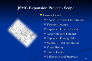 JSMC Expansion Project - Scope
              Lower Level
                8 New Pathshala Class Rooms
                Teachers Lounge

                Expanded Library Facility

                Larger Modern Kitchen

                Expanded Dining Hall

                Medical / First Aid Room

                Youth Room

                Fitness Center

                2 Elevators and Stairways
                                             40
 