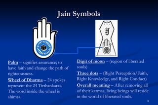 Jain Symbols




Palm – signifies assurance; to      Digit of moon – (region of liberated
have faith and change the path of   souls)
righteousness.                      Three dots – (Right Perception/Faith,
Wheel of Dharma – 24 spokes         Right Knowledge, and Right Conduct)
represent the 24 Tirthankaras.      Overall meaning – After removing all
The word inside the wheel is        of their karmas, living beings will reside
ahimsa.                             in the world of liberated souls.
                                                                             9
 