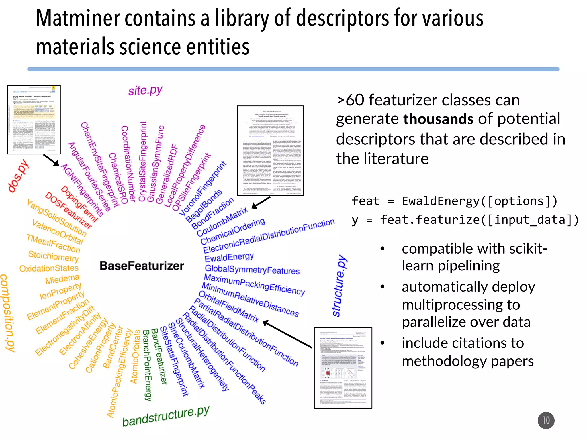 >60 featurizer classes can generate thousands of potential descriptors that are described in the literature 10 Matminer contains a library of descriptors for various materials science entities feat = EwaldEnergy([options]) y = feat.featurize([input_data]) • compatible with scikit- learn pipelining • automatically deploy multiprocessing to parallelize over data • include citations to methodology papers 