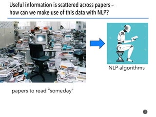 2
Useful information is scattered across papers –
how can we make use of this data with NLP?
papers to read “someday”
NLP algorithms
 