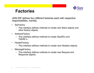 Factories
 JAIN SIP defines four different factories each with respective
 responsibilities, namely:
•    SipFactory
      – This interface defines methods to create new Stack objects and
        other factory objects.
•    AddressFactory
      – This interface defines methods to create SipURI’s and
        TelURL’s.
•    HeaderFactory
      – This interface defines methods to create new Headers objects.
•    MessageFactory
      – This interface defines methods to create new Request and
        Response objects.




23   © 2003 Sun Microsystems, Inc. All Rights Reserved.
 