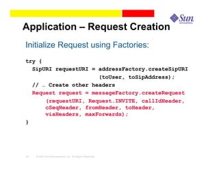 Application – Request Creation
Initialize Request using Factories:
try {
  SipURI requestURI = addressFactory.createSipURI
                      (toUser, toSipAddress);
  // … Create other headers
  Request request = messageFactory.createRequest
      (requestURI, Request.INVITE, callIdHeader,
      cSeqHeader, fromHeader, toHeader,
      viaHeaders, maxForwards);
}




40   © 2003 Sun Microsystems, Inc. All Rights Reserved.
 