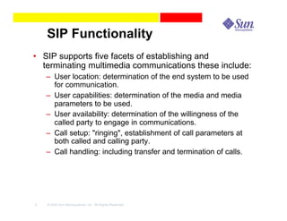 SIP Functionality
• SIP supports five facets of establishing and
  terminating multimedia communications these include:
    – User location: determination of the end system to be used
      for communication.
    – User capabilities: determination of the media and media
      parameters to be used.
    – User availability: determination of the willingness of the
      called party to engage in communications.
    – Call setup: "ringing", establishment of call parameters at
      both called and calling party.
    – Call handling: including transfer and termination of calls.




5   © 2003 Sun Microsystems, Inc. All Rights Reserved.
 