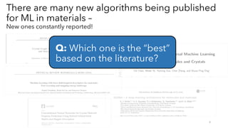 There are many new algorithms being published
for ML in materials –
New ones constantly reported!
4
Q: Which one is the “b...