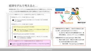 …
Netflix
T. JITSUZUMI@ 53 JAIPA Matsuyama, 2022/4/22)
Paid Peering Netflix SK
SK paid peering
ISP paid peering
SK Paid Pe...
