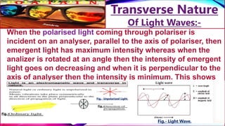 When the polarised light coming through polariser is
incident on an analyser, parallel to the axis of polariser, then
emergent light has maximum intensity whereas when the
analizer is rotated at an angle then the intensity of emergent
light goes on decreasing and when it is perpendicular to the
axis of analyser then the intensity is minimum. This shows
that light waves are transeverse in nature......
Fig.- Light Wave.
Fig.- Unpolarized Light.
Fig.-
Fig.-
 