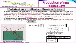 n2 
-
Fig.- Polarization by Reflection.
Fig.- Plane-Polarized Light.
As per the Brewster’s Law, the maximum polarization takes place when the angle is 90 degrees in between the reflected ray
and refracted ray. This law was named after the famous Scottish Physicist, Sir David Brewster .
 