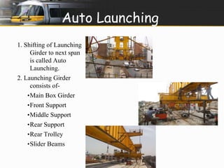 Auto Launching 
1. Shifting of Launching 
Girder to next span 
is called Auto 
Launching. 
2. Launching Girder 
consists of- 
∙Main Box Girder 
∙Front Support 
∙Middle Support 
∙Rear Support 
∙Rear Trolley 
∙Slider Beams 
 