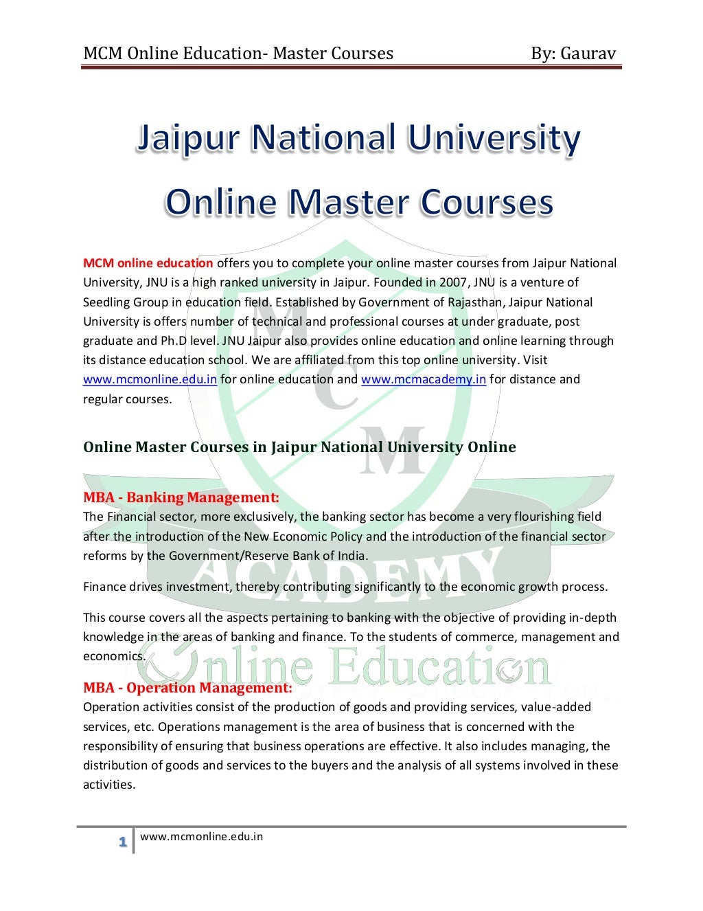 Jaipur national university online master courses Online MBA Course