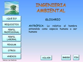 ¿QUE ES?
                                  GLOSARIO
  REQUISITOS
                      ANTRÓPICA: Lo relativo al hombre
    PERFIL            entendido como especie humana o ser
 PROFESIONAL          humano

      PERFIL
     LABORAL

      PENSUM

       OTROS

     ANEXOS
                               VOLVER         INICIO   FIN
Héctor Jair Beltrán
 