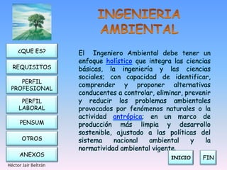 ¿QUE ES?         El Ingeniero Ambiental debe tener un
                      enfoque holístico que integra las ciencias
  REQUISITOS          básicas, la ingeniería y las ciencias
                      sociales; con capacidad de identificar,
    PERFIL
                      comprender y proponer alternativas
 PROFESIONAL
                      conducentes a controlar, eliminar, prevenir
      PERFIL          y reducir los problemas ambientales
     LABORAL          provocados por fenómenos naturales o la
                      actividad antrópica; en un marco de
      PENSUM          producción más limpia y desarrollo
                      sostenible, ajustado a las políticas del
       OTROS          sistema    nacional   ambiental      y   la
                      normatividad ambiental vigente.
     ANEXOS
                                                    INICIO    FIN
Héctor Jair Beltrán
 