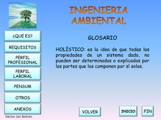 ¿QUE ES?
                                    GLOSARIO
  REQUISITOS
                      HOLÍSTICO: es la idea de que todas las
                      propiedades de un sistema dado, no
    PERFIL
 PROFESIONAL          pueden ser determinados o explicados por
                      las partes que los componen por sí solas.
      PERFIL
     LABORAL

      PENSUM

       OTROS

     ANEXOS
                                 VOLVER           INICIO    FIN
Héctor Jair Beltrán
 