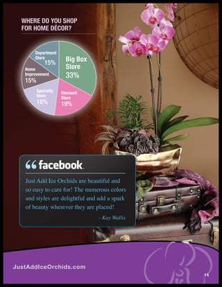 wHere dO YOu sHOp
  fOr HOme décOr?


       department
       store
             15%
                       big box
   Home                store
   Improvement         33%
   15%
         specialty   discount
         store       store
         18%         19%




   Just Add Ice Orchids are beautiful and
   so easy to care for! The numerous colors
   and styles are delightful and add a spark
   of beauty wherever they are placed!
                                 - Kay Wallis




JustAddIceOrchids.com
                                                14
 