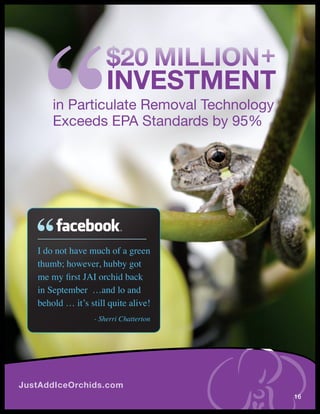 $20 Million +
                       investMent
       in Particulate Removal Technology
       Exceeds EPA Standards by 95%




   I do not have much of a green
   thumb; however, hubby got
   me my first JAI orchid back
   in September …and lo and
   behold … it’s still quite alive!
                   - Sherri Chatterton




JustAddIceOrchids.com
                                           16
 