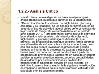 1.2.2.- Análisis Crítico
   Nuestro tema de investigación se basa en el paradigma
    crítico propositivo, puesto que partimos de la problemática:
    “Determinación de los valores de triglicéridos, glucosa y
    colesterol y su influencia en los riesgos cardiovasculares de
    acuerdo al tipo de actividad laboral en los señores taxistas de
    la provincia de Tungurahua cantón Ambato en el período
    junio agosto 2012.” Para determinar como influye la actividad
    laboral en los valores altos o disminuidos de colesterol,
    triglicéridos y glucosa y el riesgo cardiovascular que
    provoca, es propositivo puesto que de cierta forma daremos
    una alternativa de solución a favor de los conductores, pues
    con ello se les espera involucrar en procesos de gestión
    humana al interior de la empresa de taxistas y estimular la
    buena salud de cada uno de los conductores a partir de
    programas de prevención o tratamiento en caso de encontrar
    problemas que lo ameriten, minimizando las probabilidades
    de accidentes por estas condiciones y en definitiva
    manteniendo la calidad del servicio en este aspecto, en
    definitiva lo que se busca mediante la siguiente investigación
    es impactar e introducir en sus conductores un estilo de vida
    saludable o en su caso mantenerlo.
 