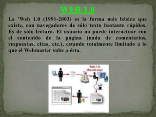 WEB 1.0
La 'Web 1.0 (1991-2003) es la forma más básica que
existe, con navegadores de sólo texto bastante rápidos.
Es de sólo lectura. El usuario no puede interactuar con
el contenido de la página (nada de comentarios,
respuestas, citas, etc.), estando totalmente limitado a lo
que el Webmaster sube a ésta.
 