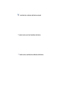 cambia los colores del tema actual 
este icono son los fuentes de tema 
este icono cambia los efectos del tema 
 