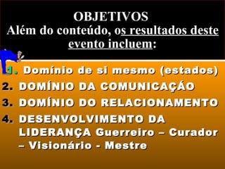 OBJETIVOS  Além do conteúdo, o s resultados deste evento incluem : Domínio de si mesmo (estados)‏ DOMÍNIO DA COMUNICAÇÁO DOMÍNIO DO RELACIONAMENTO  DESENVOLVIMENTO DA LIDERANÇA Guerreiro – Curador – Visionário - Mestre  
