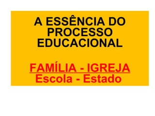A ESSÊNCIA DO PROCESSO EDUCACIONAL FAMÍLIA - IGREJA Escola - Estado   