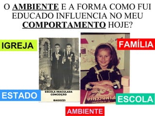 O  AMBIENTE  E A FORMA COMO FUI EDUCADO INFLUENCIA NO MEU  COMPORTAMENTO  HOJE? ESTADO IGREJA FAMÍLIA ESCOLA BAGOZZI ESCOLA IMACULADA CONCEIÇÃO AMBIENTE 