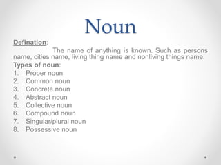 Noun
Defination:
The name of anything is known. Such as persons
name, cities name, living thing name and nonliving things name.
Types of noun:
1. Proper noun
2. Common noun
3. Concrete noun
4. Abstract noun
5. Collective noun
6. Compound noun
7. Singular/plural noun
8. Possessive noun
 