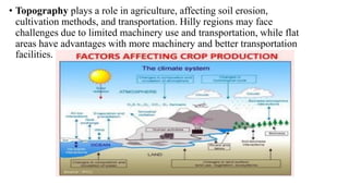 • Topography plays a role in agriculture, affecting soil erosion,
cultivation methods, and transportation. Hilly regions may face
challenges due to limited machinery use and transportation, while flat
areas have advantages with more machinery and better transportation
facilities.
 