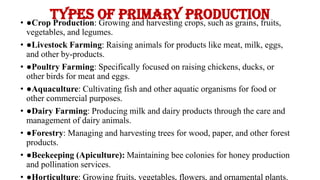 Types of Primary Production
• ●Crop Production: Growing and harvesting crops, such as grains, fruits,
vegetables, and legumes.
• ●Livestock Farming: Raising animals for products like meat, milk, eggs,
and other by-products.
• ●Poultry Farming: Specifically focused on raising chickens, ducks, or
other birds for meat and eggs.
• ●Aquaculture: Cultivating fish and other aquatic organisms for food or
other commercial purposes.
• ●Dairy Farming: Producing milk and dairy products through the care and
management of dairy animals.
• ●Forestry: Managing and harvesting trees for wood, paper, and other forest
products.
• ●Beekeeping (Apiculture): Maintaining bee colonies for honey production
and pollination services.
• ●Horticulture: Growing fruits, vegetables, flowers, and ornamental plants.
 