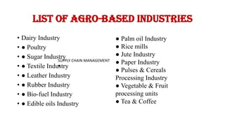 List of Agro-Based Industries
• Dairy Industry
• ● Poultry
• ● Sugar Industry
• ● Textile Industry
• ● Leather Industry
• ● Rubber Industry
• ● Bio-fuel Industry
• ● Edible oils Industry
● Palm oil Industry
● Rice mills
● Jute Industry
● Paper Industry
● Pulses & Cereals
Processing Industry
● Vegetable & Fruit
processing units
● Tea & Coffee
SUPPLY CHAIN MANAGEMENT
●
 
