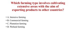 Which farming type involves cultivating
extensive areas with the aim of
exporting products to other countries?
• A. Intensive farming
• B. Commercial farming
• C. Plantation farming
• D. Wetland farming
 