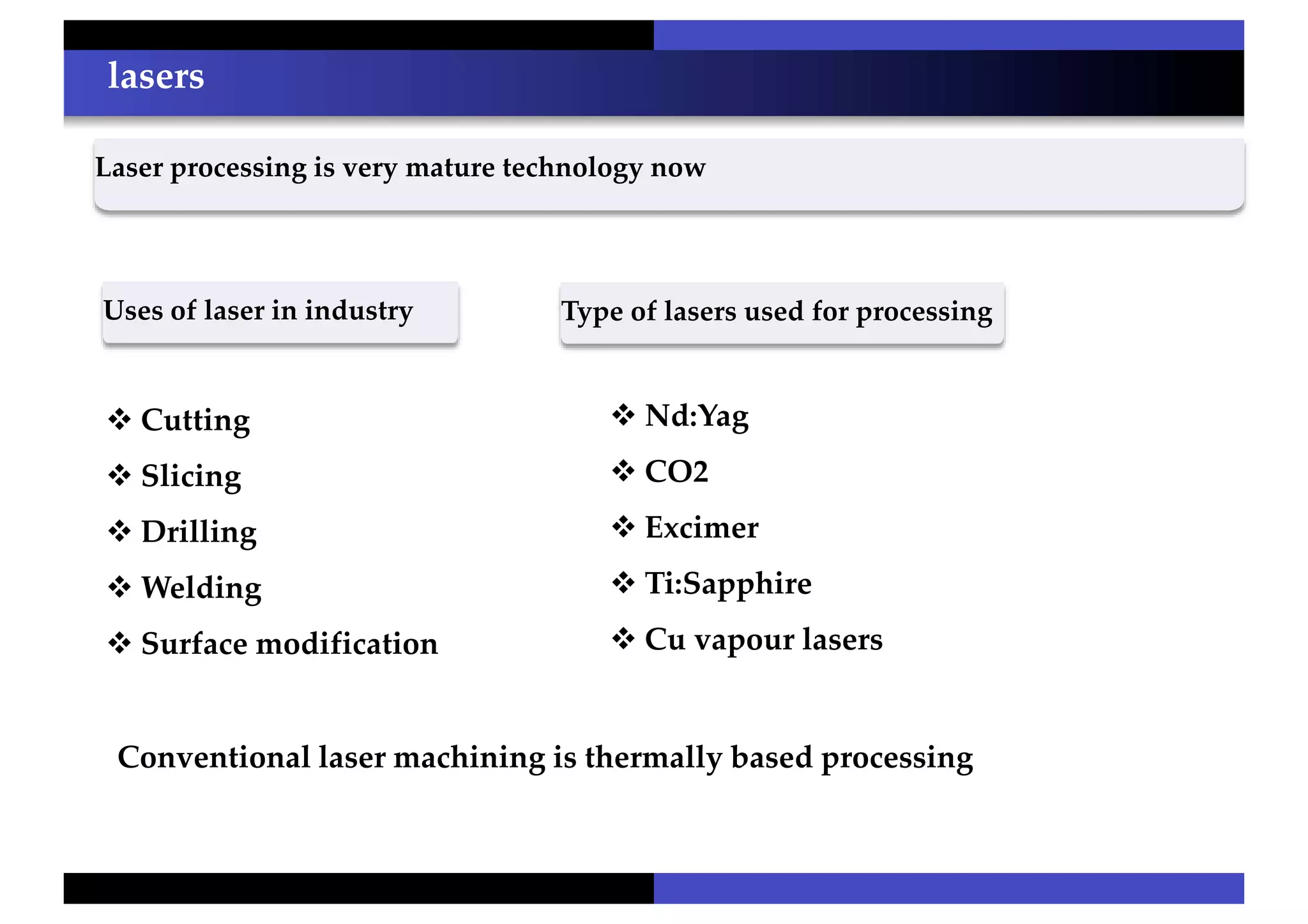 lasers
 Cutting
 Slicing
 Drilling
 Welding
 Surface modification
Laser processing is very mature technology now
 Nd:Yag
 CO2
 Excimer
 Ti:Sapphire
 Cu vapour lasers
Uses of laser in industry Type of lasers used for processing
Conventional laser machining is thermally based processing
 