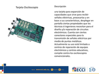 Tarjeta Osciloscopio Descripción 
una tarjeta para expansión de 
capacidades que sirve para recibir 
señales eléctricas, procesarlas y en 
base a sus características, desplegar en 
pantalla ciertas propiedades que los 
técnicos ó ingenieros necesitan para el 
diseño y/o reparación de circuitos 
electrónicos. Cuenta con ciertos 
conectores especiales para la 
transmisión de señales eléctricas por 
medio de puntas metálicas. 
Actualmente su uso está limitado a 
centros de reparación de equipos 
electrónicos y centros educativos, 
compite contra los osciloscopios 
convencionales. 
 