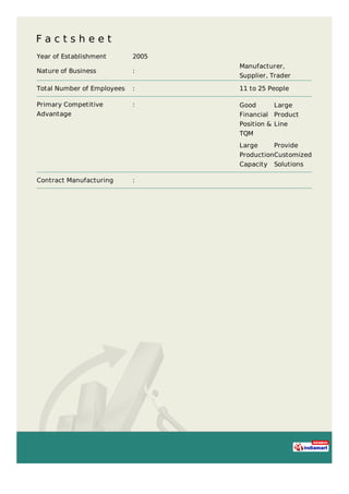 F a c t s h e e t
Year of Establishment 2005
Nature of Business :
Manufacturer,
Supplier, Trader
Total Number of Employees : 11 to 25 People
Primary Competitive
Advantage
: Good
Financial
Position &
TQM
Large
Product
Line
Large
Production
Capacity
Provide
Customized
Solutions
Contract Manufacturing :
 
