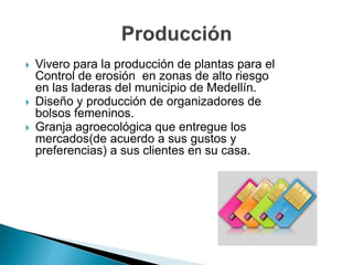  Vivero para la producción de plantas para el
Control de erosión en zonas de alto riesgo
en las laderas del municipio de Medellín.
 Diseño y producción de organizadores de
bolsos femeninos.
 Granja agroecológica que entregue los
mercados(de acuerdo a sus gustos y
preferencias) a sus clientes en su casa.
 