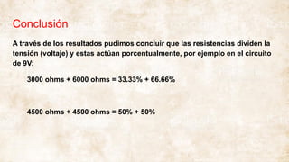 Conclusión
A través de los resultados pudimos concluir que las resistencias dividen la
tensión (voltaje) y estas actúan porcentualmente, por ejemplo en el circuito
de 9V:
3000 ohms + 6000 ohms = 33.33% + 66.66%
4500 ohms + 4500 ohms = 50% + 50%
 