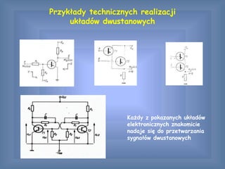 Przykłady technicznych realizacji
układów dwustanowych
Każdy z pokazanych układów
elektronicznych znakomicie
nadaje się do przetwarzania
sygnałów dwustanowych
 