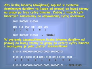 Aby liczbę binarną (dwójkową) zapisać w systemie
ósemkowym dzielimy tą liczbę od prawej do lewej strony
na grupy po trzy cyfry binarne. Każdą z trzech cyfr
binarnych zamieniamy na odpowiednią cyfrę ósemkową
101111000011110001
101 111 000 011 110 001
5 7 0 3 6 1
101111000011110001 = 570461
W systemie szesnastkowym liczbę binarną dzielimy od
prawej do lewej strony na grupy po cztery cyfry binarne
i zapisujemy je jako „cyfry” szesnastkowe:
111011110000101100010100001101000101
1110 1111 0000 1011 0001 0100 0011 0100 0101
E F 0 B 1 8 3 4 5
111011110000101100010100001101000101 = EF0B18345
 