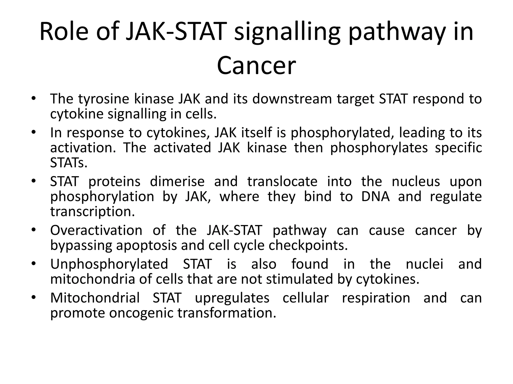 Role of JAK-STAT signalling pathway in
Cancer
• The tyrosine kinase JAK and its downstream target STAT respond to
cytokine signalling in cells.
• In response to cytokines, JAK itself is phosphorylated, leading to its
activation. The activated JAK kinase then phosphorylates specific
STATs.
• STAT proteins dimerise and translocate into the nucleus upon
phosphorylation by JAK, where they bind to DNA and regulate
transcription.
• Overactivation of the JAK‐STAT pathway can cause cancer by
bypassing apoptosis and cell cycle checkpoints.
• Unphosphorylated STAT is also found in the nuclei and
mitochondria of cells that are not stimulated by cytokines.
• Mitochondrial STAT upregulates cellular respiration and can
promote oncogenic transformation.
 