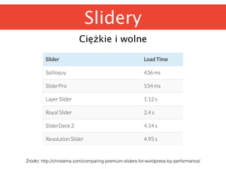 Slidery 
Ciężkie i wolne 
Źródło: http://chrislema.com/comparing-premium-sliders-for-wordpress-by-performance/ 
 