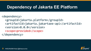 Dependency of Jakarta EE Platform
HASUNUMA Kenji @khasunuma
<dependency>
<groupId>jakarta.platform</groupId>
<artifactId>jakarta.jakartaee-api</artifactId>
<version>8.0.0</version>
<scope>provided</scope>
</dependency>
 
