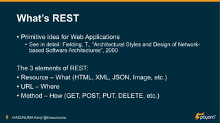 What’s REST
• Primitive idea for Web Applications
• See in detail: Fielding, T., “Architectural Styles and Design of Network-
based Software Architectures”, 2000
The 3 elements of REST:
• Resource – What (HTML, XML, JSON, Image, etc.)
• URL – Where
• Method – How (GET, POST, PUT, DELETE, etc.)
HASUNUMA Kenji @khasunuma
 