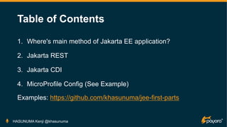 Table of Contents
1. Where's main method of Jakarta EE application?
2. Jakarta REST
3. Jakarta CDI
4. MicroProfile Config (See Example)
Examples: https://github.com/khasunuma/jee-first-parts
HASUNUMA Kenji @khasunuma
 