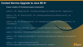 Easier creation of Contextual aware components
public <R> Supplier<R> contextualSupplier(Supplier<R> supplier);
public <T, R> Function<T, R> contextualFunction(Function<T, R>
function);
public <T, U> BiConsumer<T, U> contextualConsumer(BiConsumer<T, U>
consumer);
public <R> Callable<R> contextualCallable(Callable<R> callable);
public Runnable contextualRunnable(Runnable runnable);
public <T> CompletionStage<T> withContextCapture(CompletionStage<T>
stage);
public <T> CompletableFuture<T>
withContextCapture(CompletableFuture<T> stage);
Context Service Upgrade to Java SE 8+
 