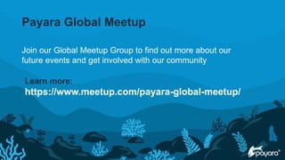 Join our Global Meetup Group to find out more about our
future events and get involved with our community
Learn more:
https://www.meetup.com/payara-global-meetup/
Payara Global Meetup
 