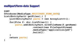 @GET
@Produces(MediaType.MULTIPART_FORM_DATA)
List<EntityPart> getFiles(…) {
List<EntityPart> parts = new ArrayList<>();
…...