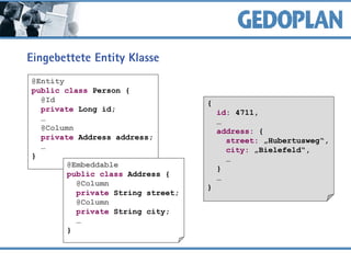 @Entity
public class Person {
@Id
private Long id;
…
@Column
private Address address;
…
}
Eingebettete Entity Klasse
@Embeddable
public class Address {
@Column
private String street;
@Column
private String city;
…
}
{
id: 4711,
…
address: {
street: „Hubertusweg“,
city: „Bielefeld“,
…
}
…
}
 