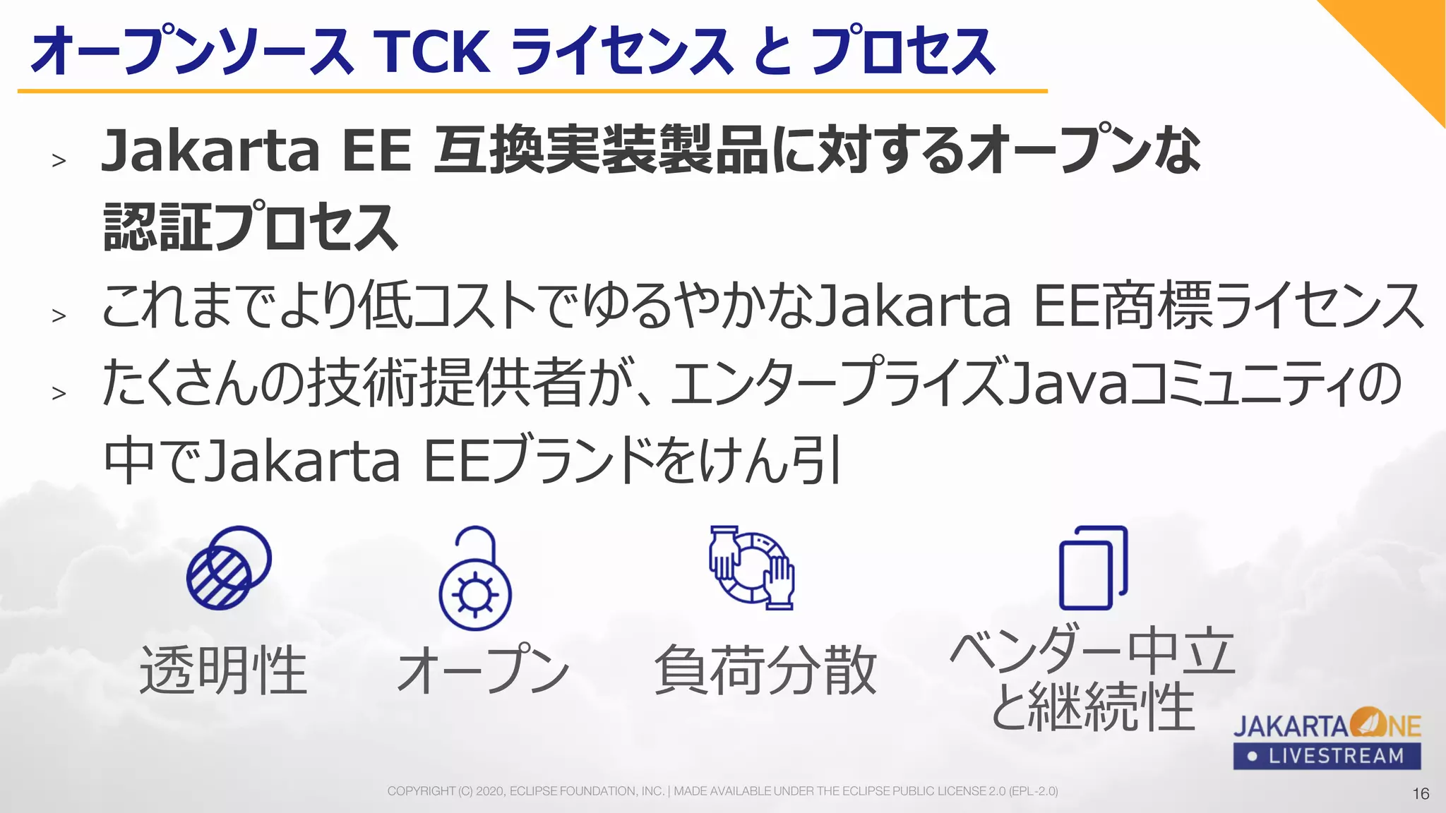 16COPYRIGHT (C) 2020, ECLIPSE FOUNDATION, INC. | MADE AVAILABLE UNDER THE ECLIPSE PUBLIC LICENSE 2.0 (EPL-2.0) 16
透明性
> Jakarta EE 互換実装製品に対するオープンな
認証プロセス
> これまでより低コストでゆるやかなJakarta EE商標ライセンス
> たくさんの技術提供者が、エンタープライズJavaコミュニティの
中でJakarta EEブランドをけん引
オープンソース TCK ライセンス と プロセス
オープン 負荷分散 ベンダー中立
と継続性
 